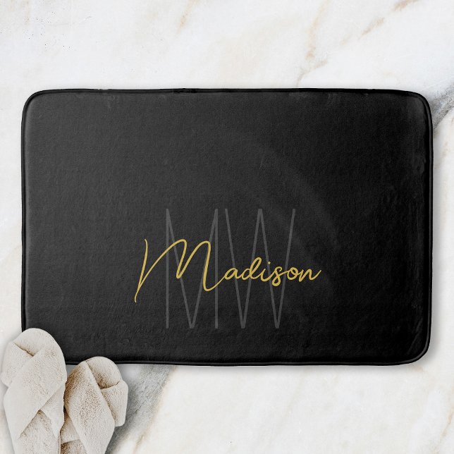 Modern Monogram Namn Guld Badrumsmatta (Modern Monogram Name Script Black Gold Bath Mat)
