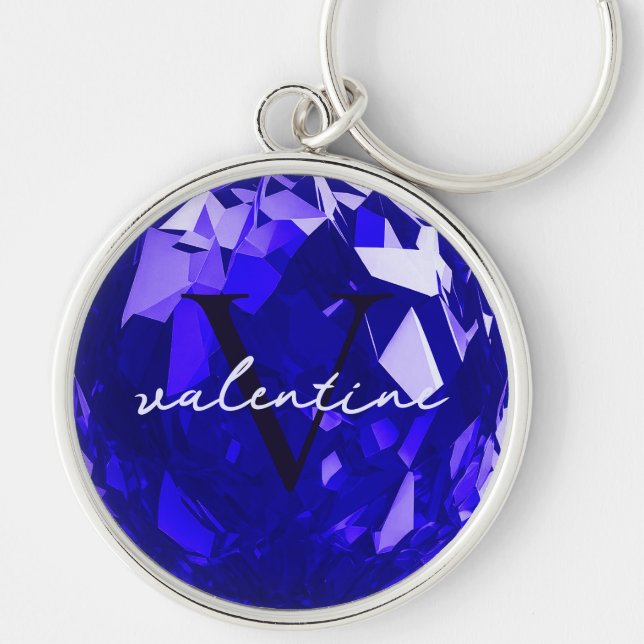 Modern Monogram Namn Initial Sapphire Blue Premium Rund Silverfärgad Nyckelring (Framsidan)