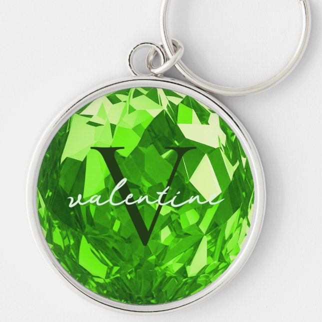 Modern Monogram Namn Initialer Peridot Premium Rund Silverfärgad Nyckelring (Framsidan)