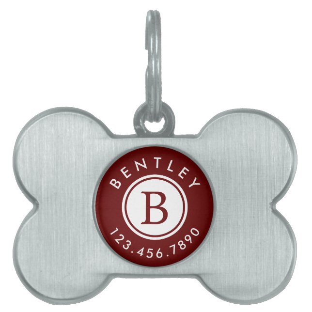 Modern Monogram Namn och Mobilare nummer| Burgundi ID-bricka Husdjur (Framsidan)