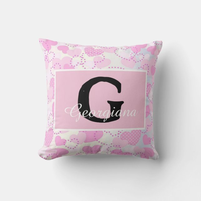 Modern Monogram Namn på Lila Rosa White Hearts Kudde (Framsida)