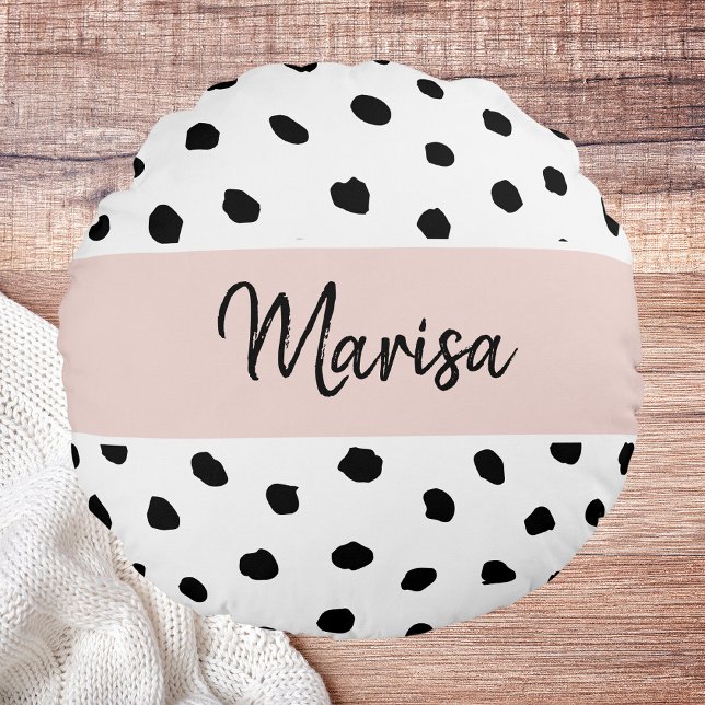 Modern Monogram Namn | Pastellns Rosa och svarta p Rund Kudde (Skapare uppladdad)