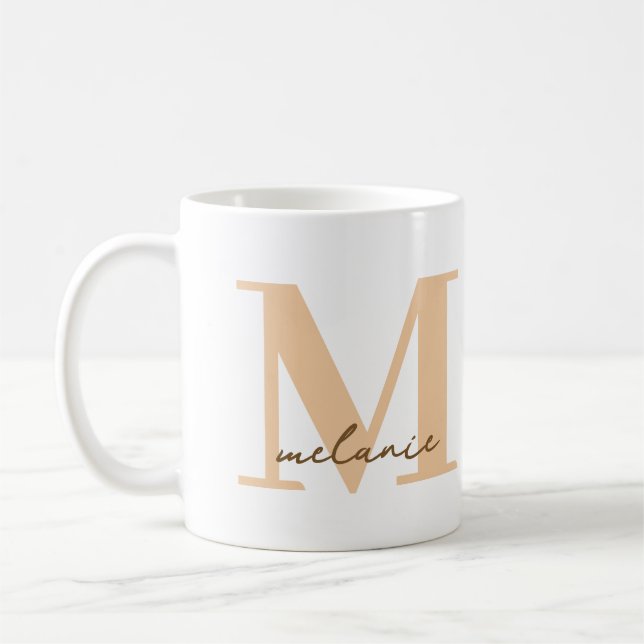 Modern monogram Namn-persikokaffe Mugg (Vänster)
