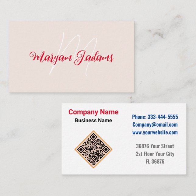 Modern Monogram Namn - QR-minimalistisk  Rosa Visitkort (Fram/baksida)