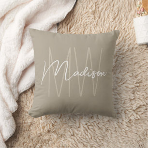 Modern Monogram Namn Script Beige Kudde