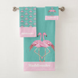 Modern Monogram Namn Teal Rosa Flamingo