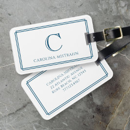 Modern Monogram Navy Blue Double Border Bagagebricka