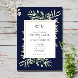 Modern Monogram Navy Blue Greenery Bröllop Inbjudningar