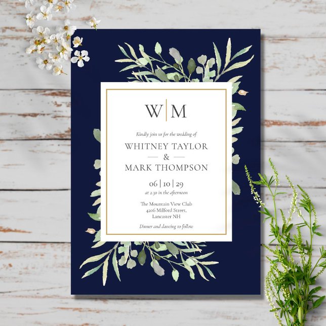Modern Monogram Navy Blue Greenery Bröllop Inbjudningar (Skapare uppladdad)