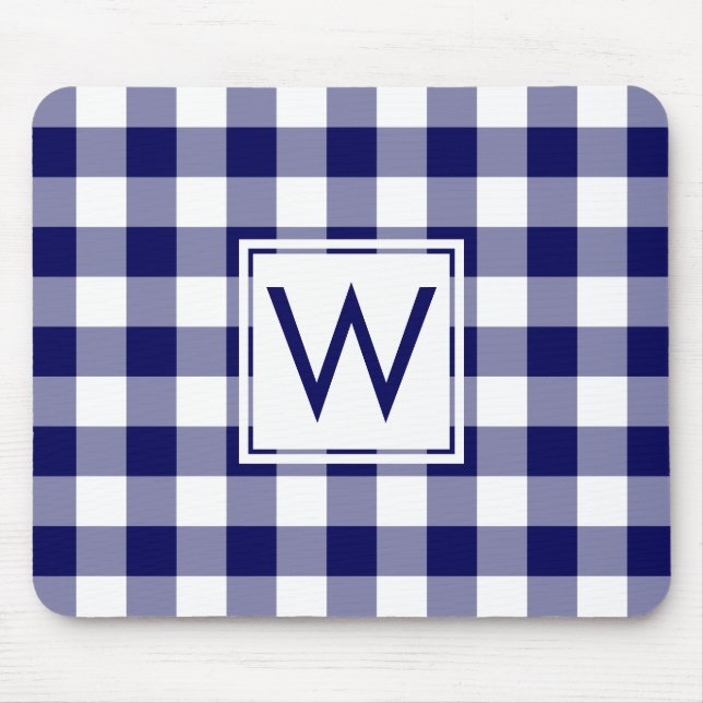 Modern Monogram Navy Blue & White Gingham Mönster Musmatta (Framsidan)