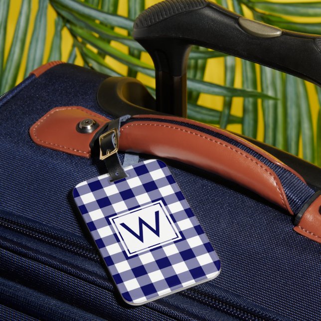 Modern Monogram Navy och White Gingham Mönster Bagagebricka (Framsida Insitu 1)