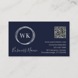 Modern Monogram Navy Silver QR-kod Visitkort
