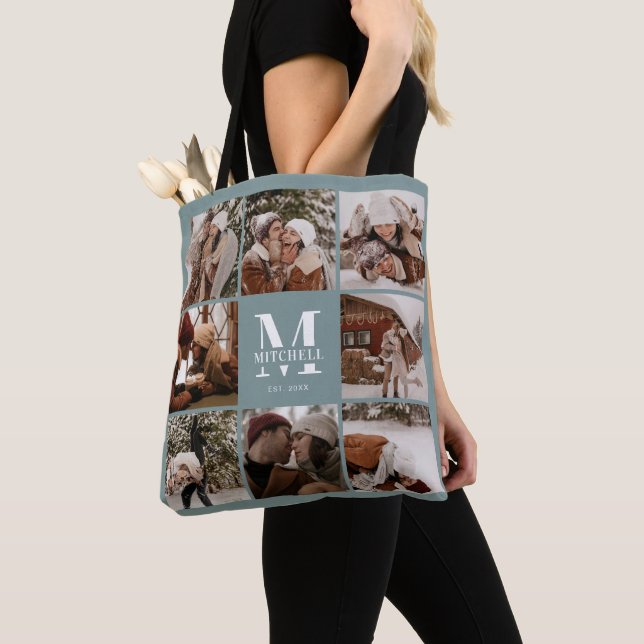 Modern Monogram- och Photo Collage Personlig Sage Tygkasse (Närbild)