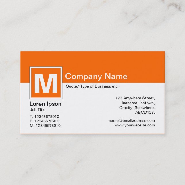 Modern Monogram - Orange och vitt Visitkort (Framsida)