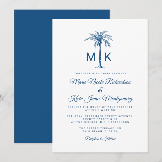 Modern Monogram Palmträd Formell Strandbröllop Inbjudningar (Fram/baksida)