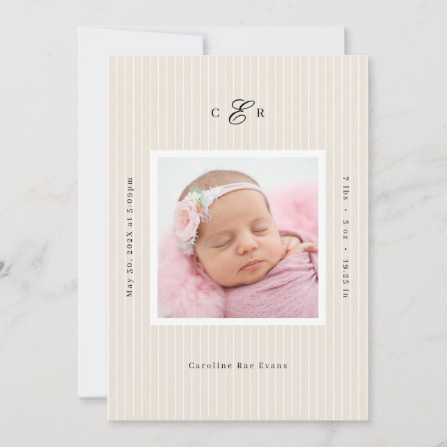 Modern Monogram Photo Birth Announcement Meddelande (Framsida)