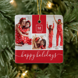 Modern Monogram Photo Collage Lycklig Helgdag Red Julgransprydnad Keramik
