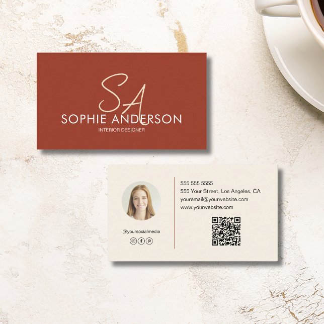 Modern Monogram Photo QR Terracotta Professionell Visitkort (Modern Monogram Photo QR Terracotta Professional Business Card)