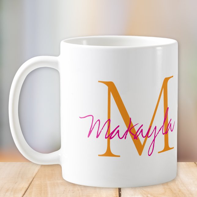 Modern Monogram Pink Script Name Kaffemugg (Skapare uppladdad)