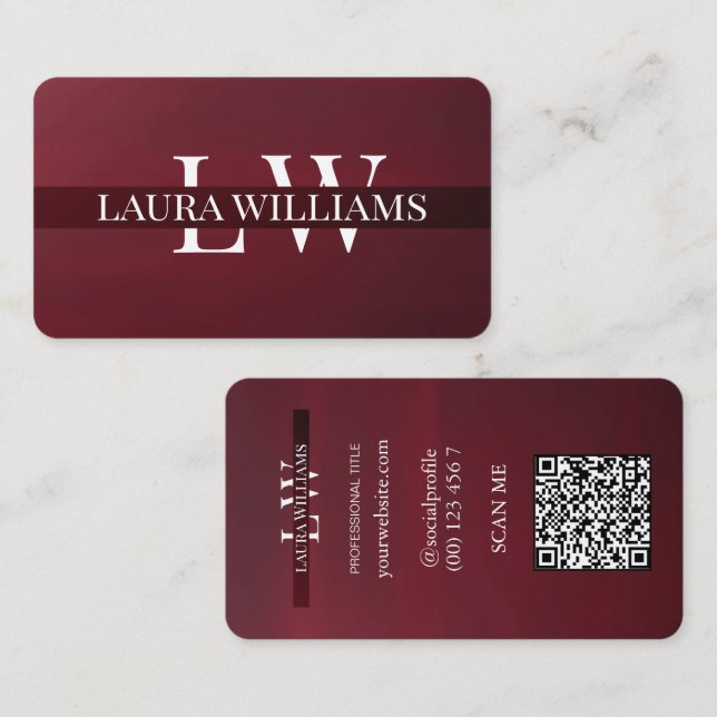 Modern Monogram Professional Red Maroon  Visitkort (Fram/baksida)