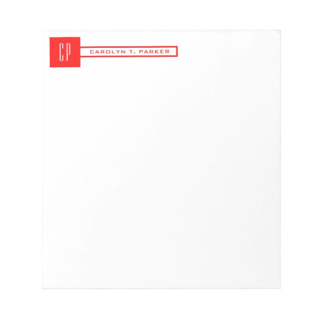 Modern Monogram Professionell Enkel Namn Röd Vit Anteckningsblock (Framsida)