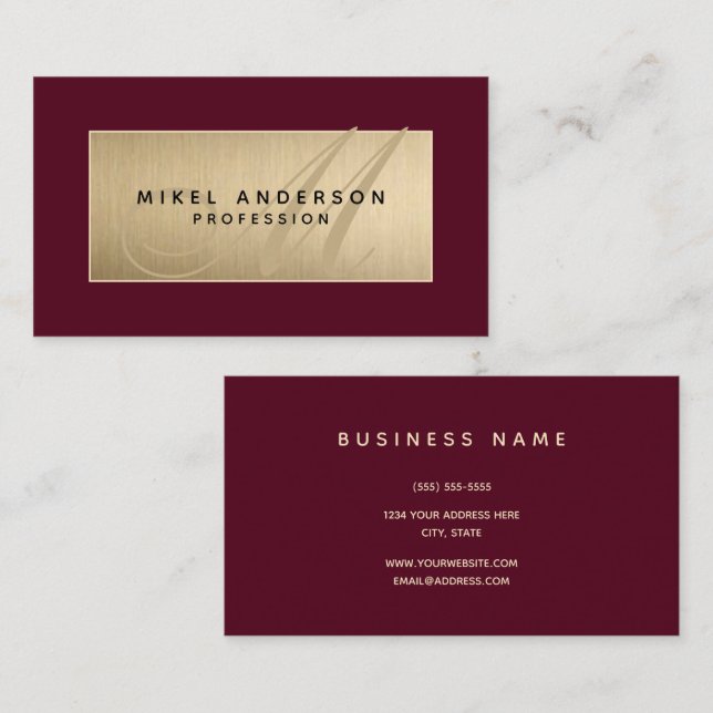 Modern Monogram Professionell Guld & Burgundy Visitkort (Fram/baksida)