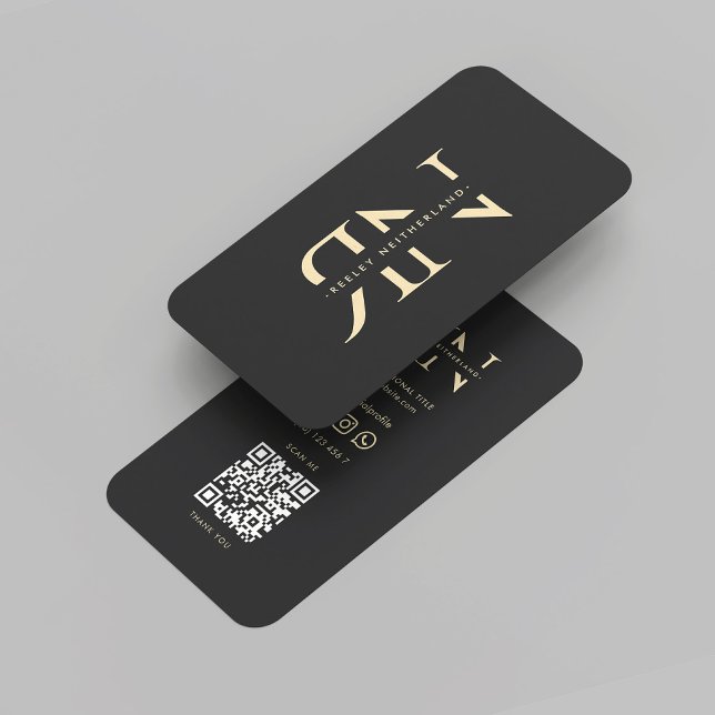 Modern Monogram Professionell Initialer Black Guld Visitkort (Modern Monogram Elegant Professional Reversed Initials Black Gold QR Code Business Card
)