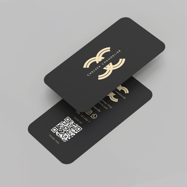 Modern Monogram Professionell Logotyp C Black Guld Visitkort (Modern Monogram Initial Reversed Letter C Elegant Professional Logo Black Gold QR code Business Card)