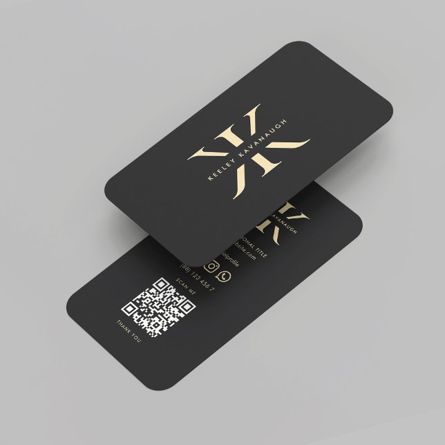 Modern Monogram Professionell Logotyp K Black Guld Visitkort (Modern Monogram Professional Logo K Black Gold Initials elegant QR code Business Card
)