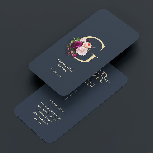 Modern monogram Professionell Mörk blått Blommigt  Visitkort (Modern Monogram Professional Dark Blue Floral G Business Card
)