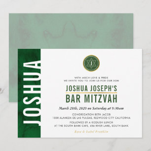 MODERN MONOGRAM PUB MITZVAH pub grönt guld Inbjudningar