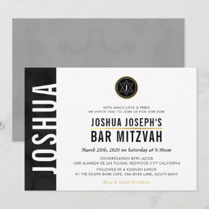 MODERN MONOGRAM PUB MITZVAH pub svart guld Inbjudningar