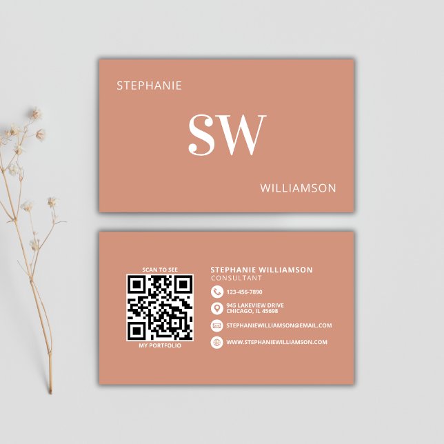 Modern monogram QR-kod Minimal Terracotta Visitkort (Skapare uppladdad)