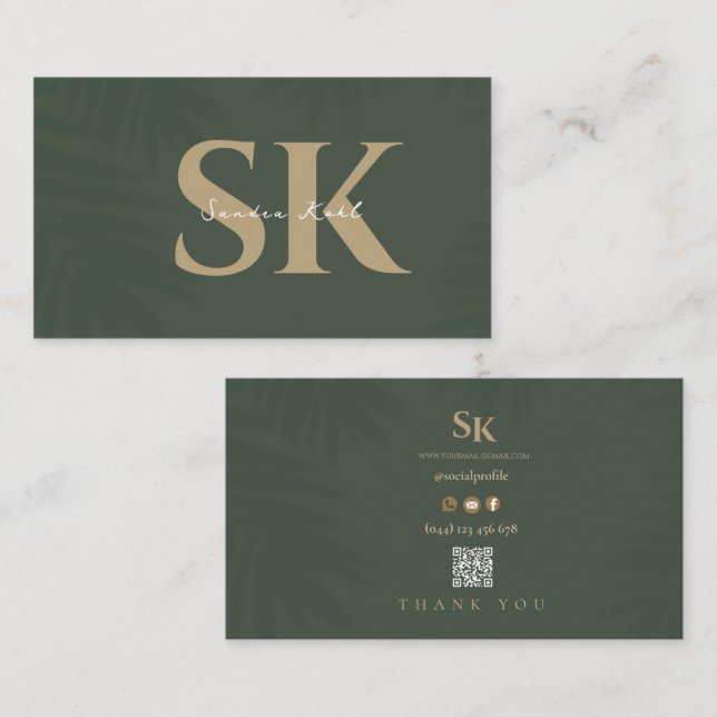 Modern monogram QR-kod mörkgröna sociala ikoner Visitkort (Fram/baksida)