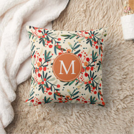 Modern Monogram Red jul Holly Berries Kudde