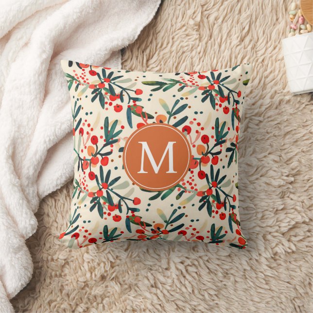 Modern Monogram Red jul Holly Berries Kudde (Filt)