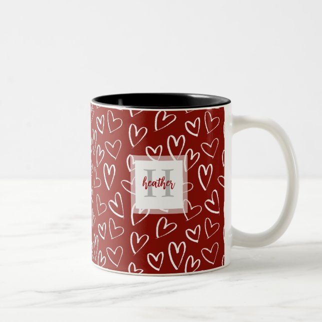 Modern Monogram Red Valentine Heart Mönster Två-Tonad Mugg (Höger)