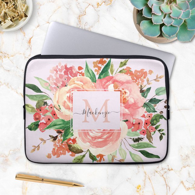 Modern Monogram  Rosa Blommigt Bouquet Laptop Fodral (In situ)