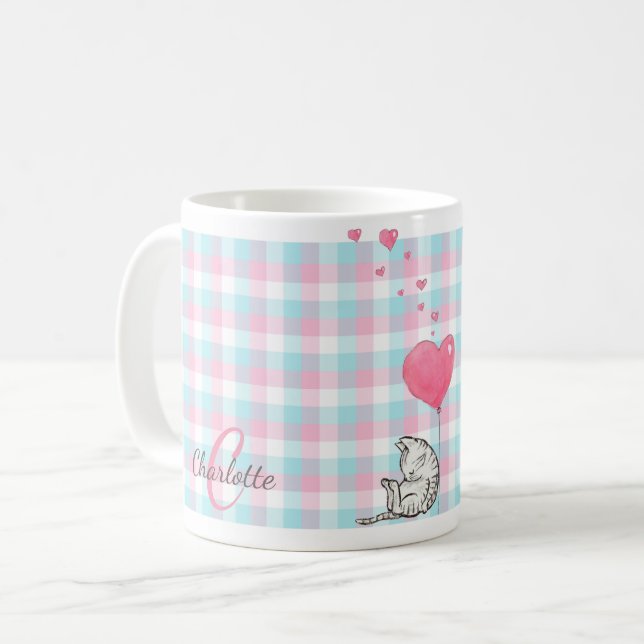 Modern monogram Rosa Blue Sömnig Katt Kaffemugg (Framsida vänster)