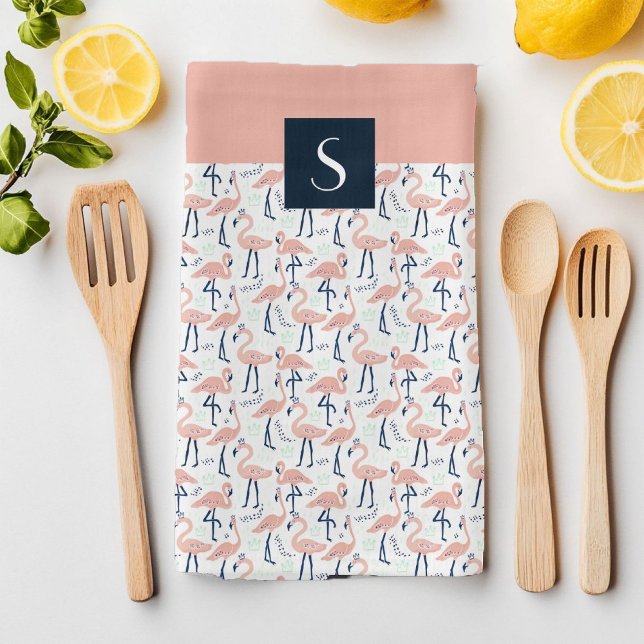 Modern Monogram rosa Flamingo Pattern Kökshandduk (Modern Monogram pink Flamingo Pattern Kitchen Towel)