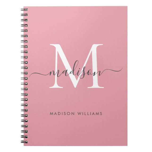 Modern monogram  Rosa  Grått-skript Namn Anteckningsbok (Framsidan)