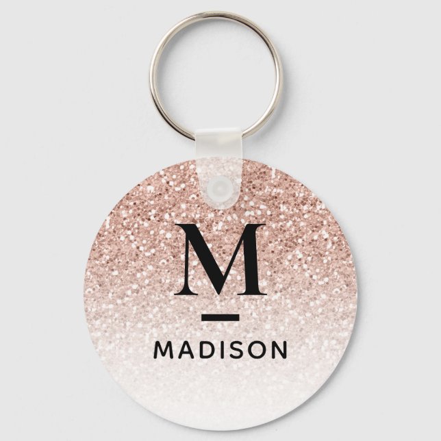 Modern Monogram Rosa ros Guld Glitter Ombre Namn Nyckelring (Framsida)