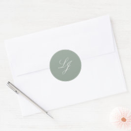 Modern Monogram Simple Script Sage Grönt Bröllop Runt Klistermärke