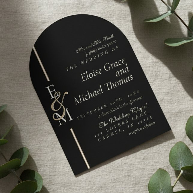 Modern Monogram-skrift Svart Band Ark Bröllop Inbjudningar (Announce your special day with this luxurious Modern Monogram Script Arch Wedding Invitation!)
