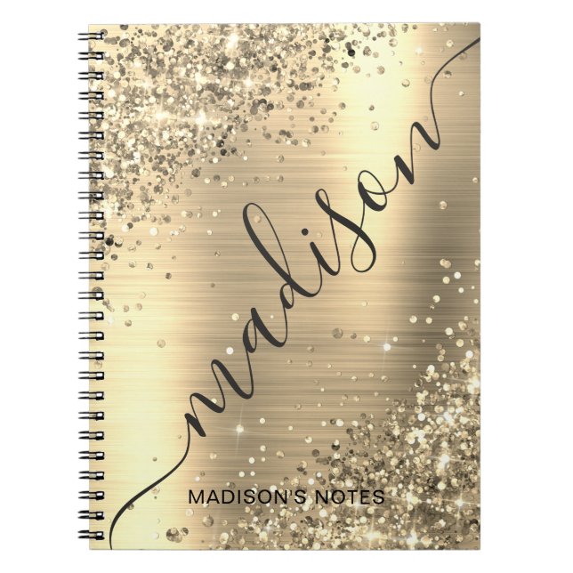 Modern Monogram-skript för metallisk Guld-Glitter Anteckningsbok (Framsidan)
