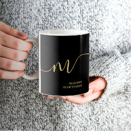 Modern monogram-skript, svart Guld Namn Kaffemugg
