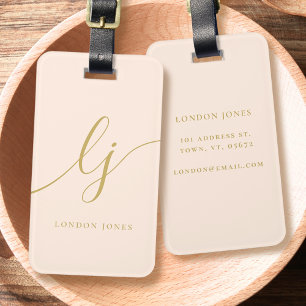 Modern monogram skriptkalligrafi Rosa Guld Bagagebricka