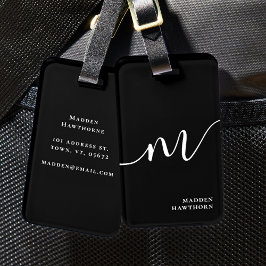Modern Monogram-skriptkalligrafi svart Bagagebricka