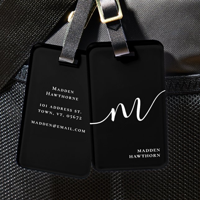 Modern Monogram-skriptkalligrafi svart Bagagebricka (Skapare uppladdad)