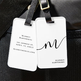 Modern Monogram-skriptkalligrafi svart vit Bagagebricka